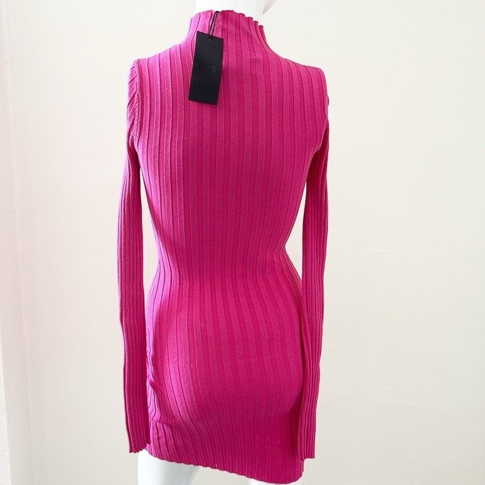 RtA Brielle Long Sleeve Silk Ribbed Knit Fitted Mini Dress in Fuchsia Pink - Picture 3 of 6